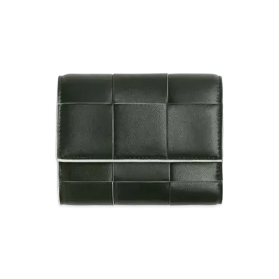 Bottega Veneta Casette Maxi Intrecciato Calfskin Zip Trifold Wallet "Darkgreen/White"