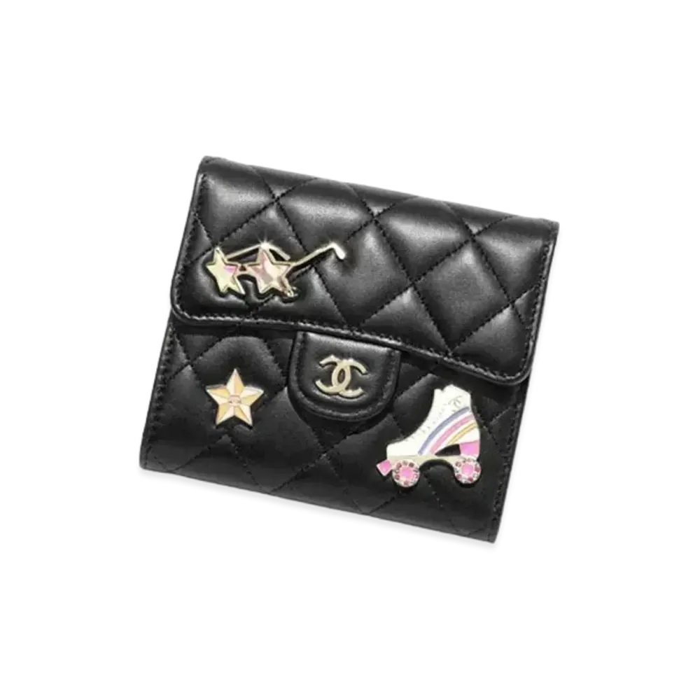 CHANEL Classic Small Flap Wallet Lambskin Enamel Gold Tone Metal "Black"