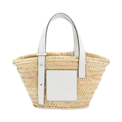 LOEWE Small Basket Bag In Palm Leaf And Calfskin "Natural/White"