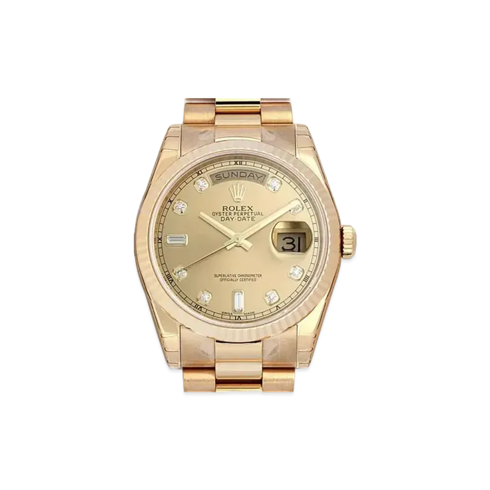 ROLEX Day-Date 8P Diamonds/2P Baguette Diamonds "Champagne/Yellow Gold"
