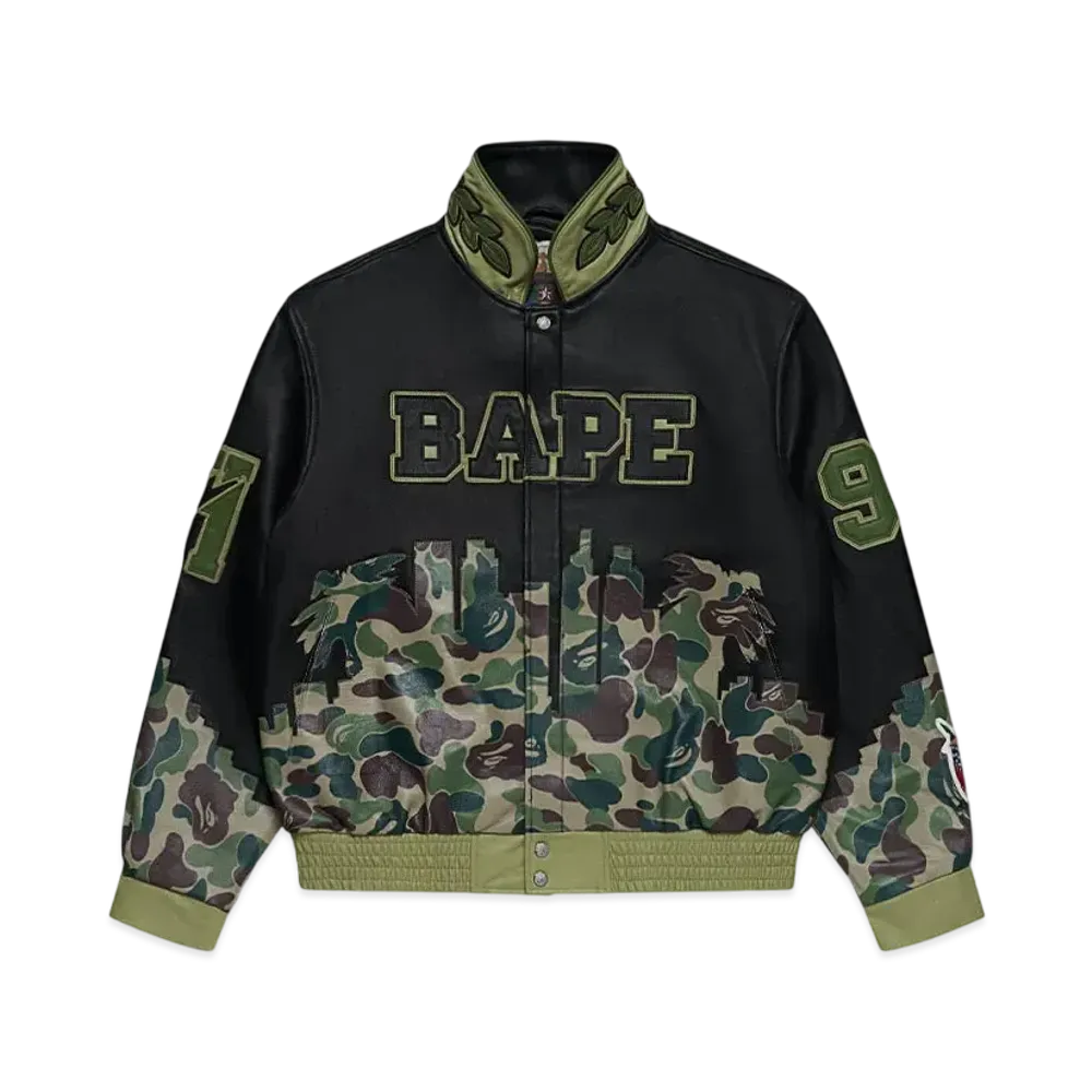 A BATHING APE x Jeff Hamilton Abc Camo Multi Logo Leather Jacket "Olive"