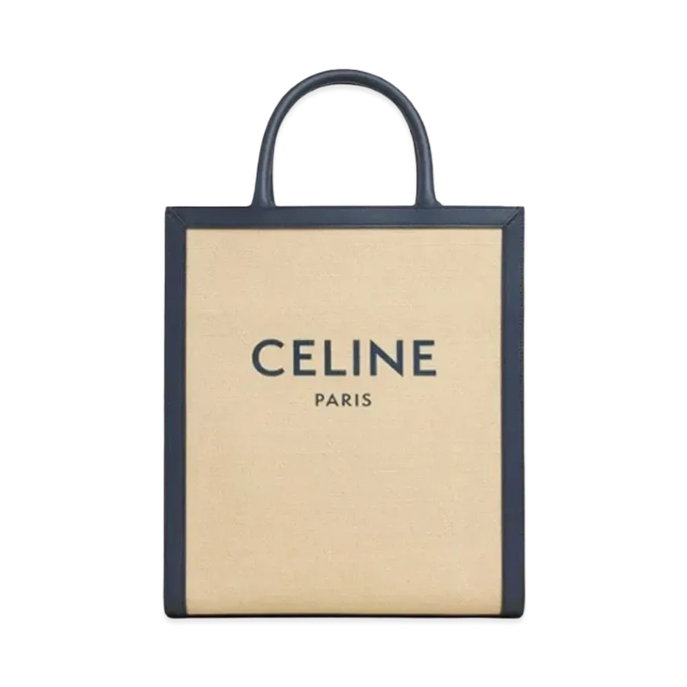 CELINE Small Vertical Cabas CELINE in Textile with CELINE and Calfskin "Vanilla/Navy"