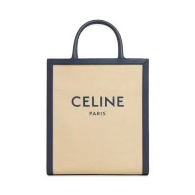 CELINE Small Vertical Cabas CELINE in Textile with CELINE and Calfskin "Vanilla/Navy"