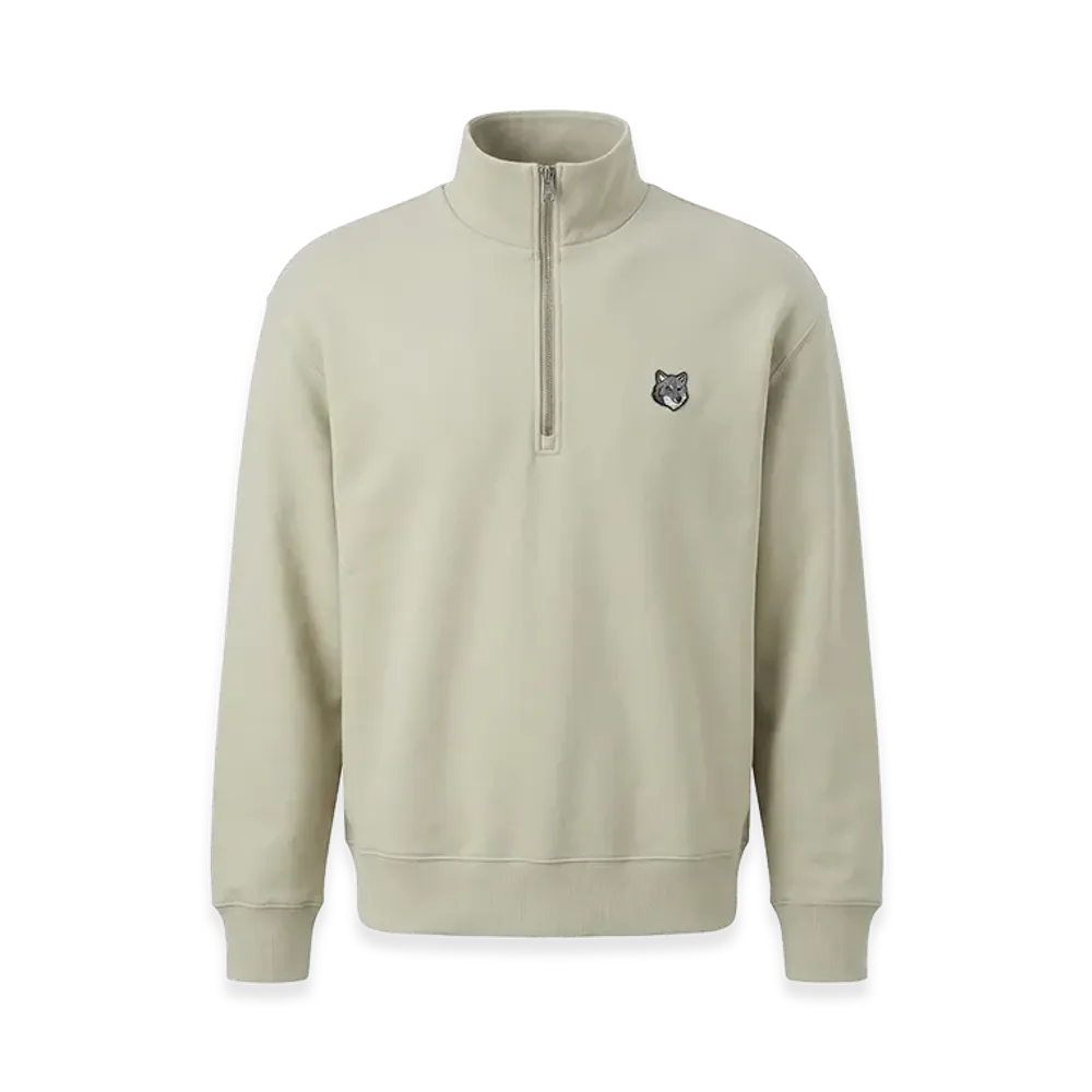 Maison Kitsune Half Zip Embroidery Stand Collar Pullover Sweatshirt Fox Head "Beige"