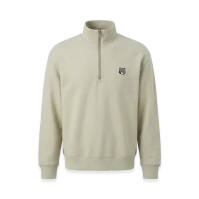 Maison Kitsune Half Zip Embroidery Stand Collar Pullover Sweatshirt Fox Head "Beige"