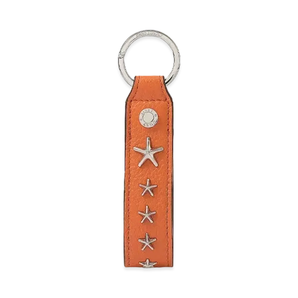 JIMMY CHOO WARWICK/S Soft Grainy Calf Leather Key Ring With Star Studs "Amber Orange"