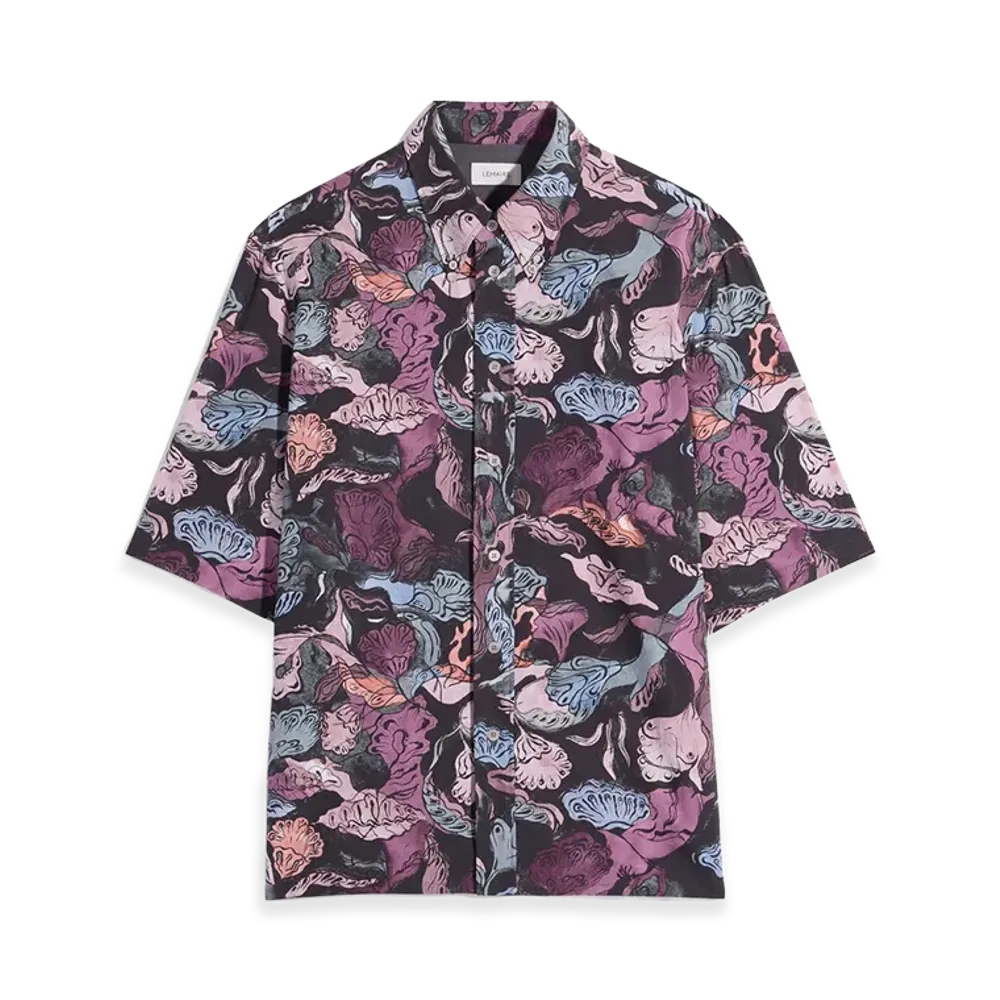 LEMAIRE Floral Print Cotton Short Sleeve Shirt "Black/Plum"