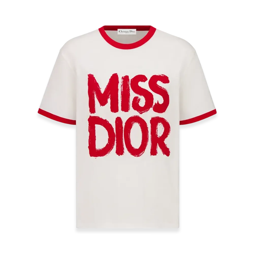 Dior Women's Cotton and Linen Jersey with Miss Dior Graffiti Motif T-Shirt "Red"