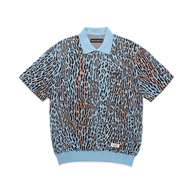 WACKO MARIA Leopard Jacquard Knit Polo Shirt "Light Blue"