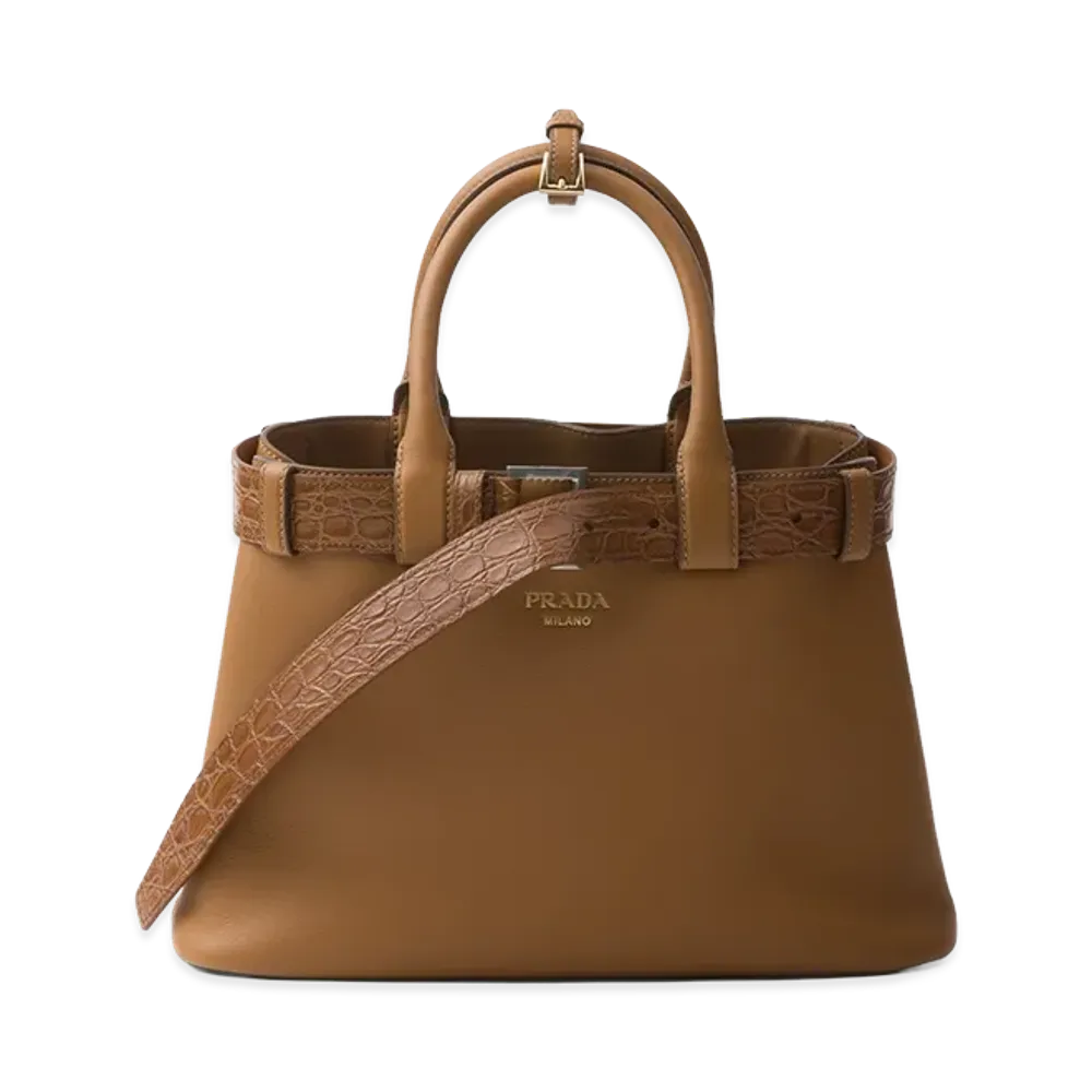 PRADA Buckle Medium Leather x Crocodile Handbag "Caramel"