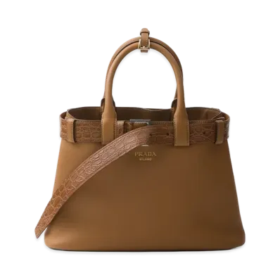 PRADA Buckle Medium Leather x Crocodile Handbag "Caramel"