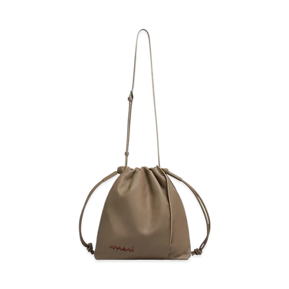 MARNI Chou Chou Medium Drawstring Bag in Leather "Antique Silver"