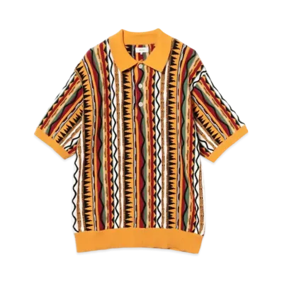 BEAMS 3D Striped Knit Polo Shirt "Orange"