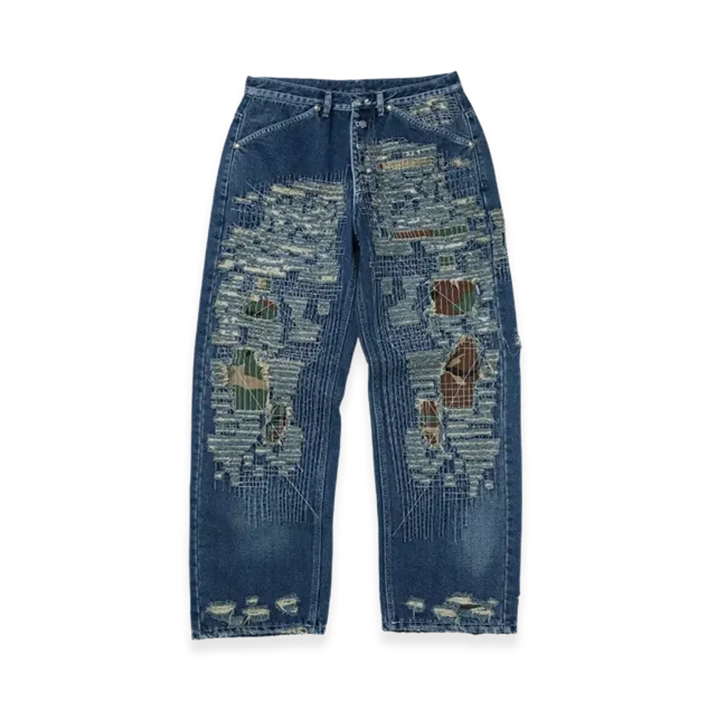 THUG CLUB Vintage-Stitched Camo Denim Pants "Blue"