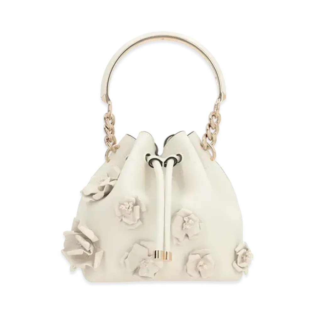 Jimmy Choo Bon Bon Bucket/S Calf Leather Mini Bucket Bag with Flowers "Latte/Light Gold"