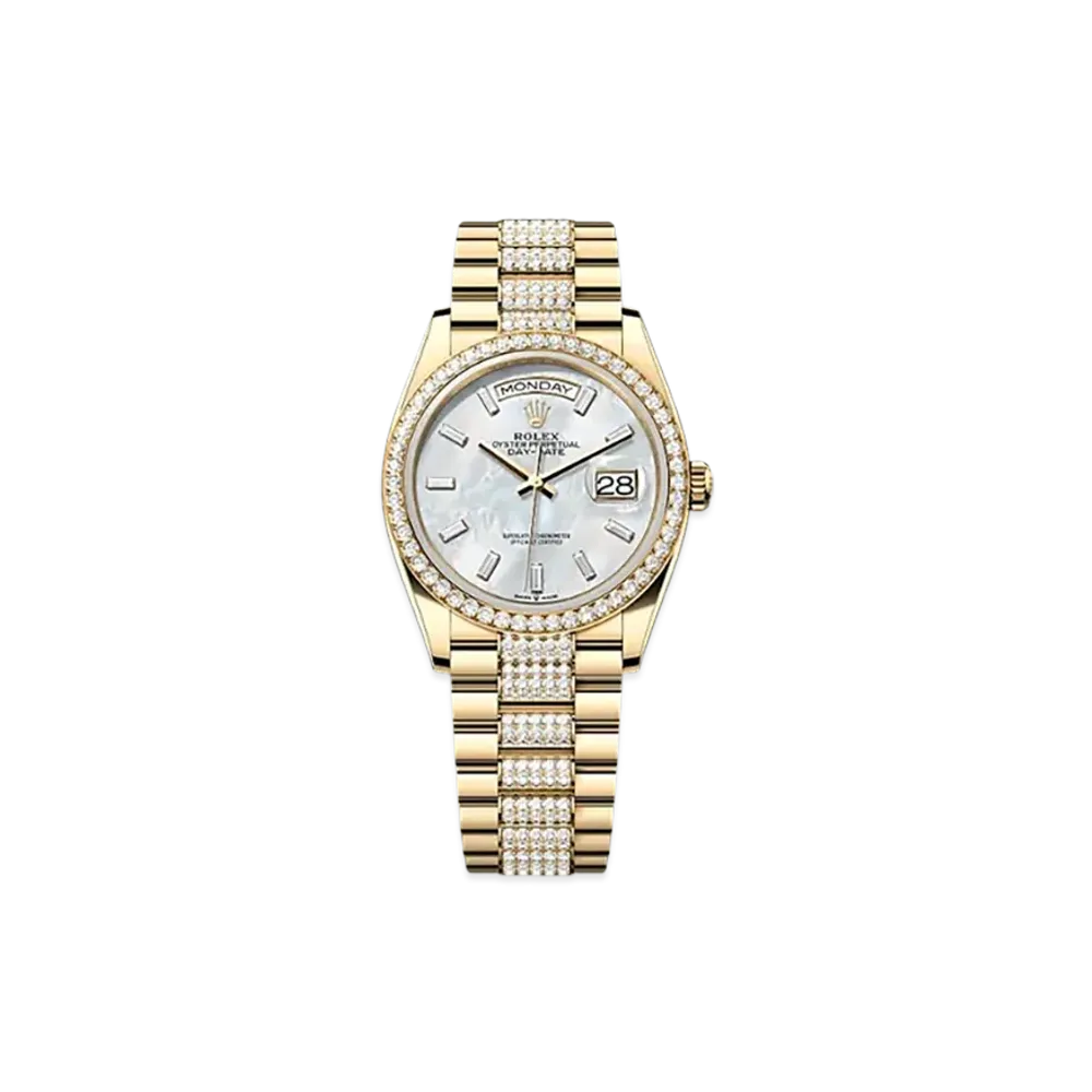 ROLEX Day-Date 36mm Yellow Gold Diamond 128348RBR "White Mother-of-Pearl"