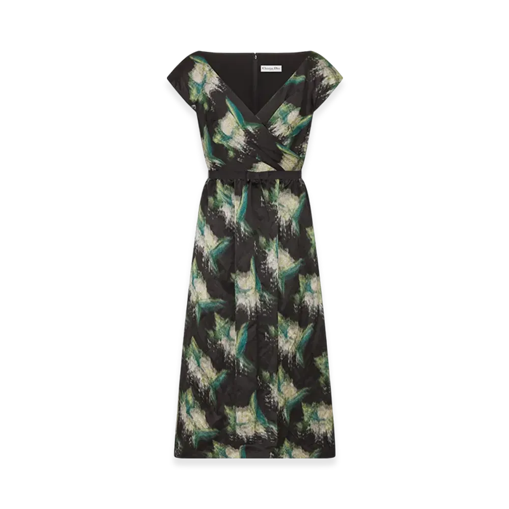 Dior Women's Regular-Fit Mid-Length Dress Silk Blurred Flowers Motif "Metallic Black/Green"