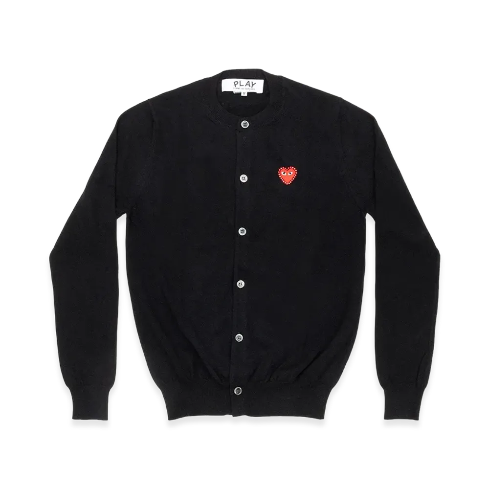 PLAY COMME des GARCONS Unisex Round Neck Cardigan with Emblem x Rhinestone "Black"