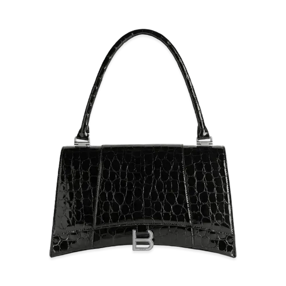 BALENCIAGA Hourglass Hinge Medium Handbag Crocodile Embossed "Black"
