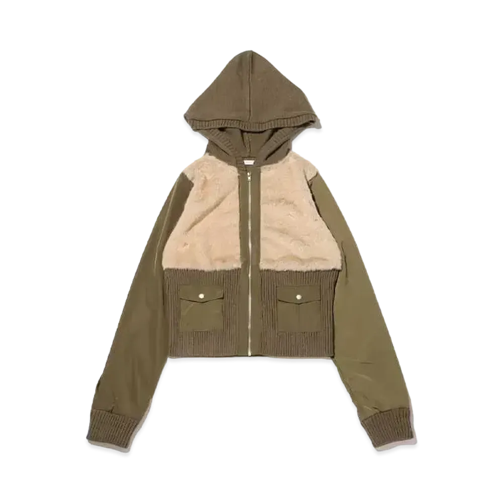 atmos pink Different Material Docking Fur Knit Cardigan "Khaki"