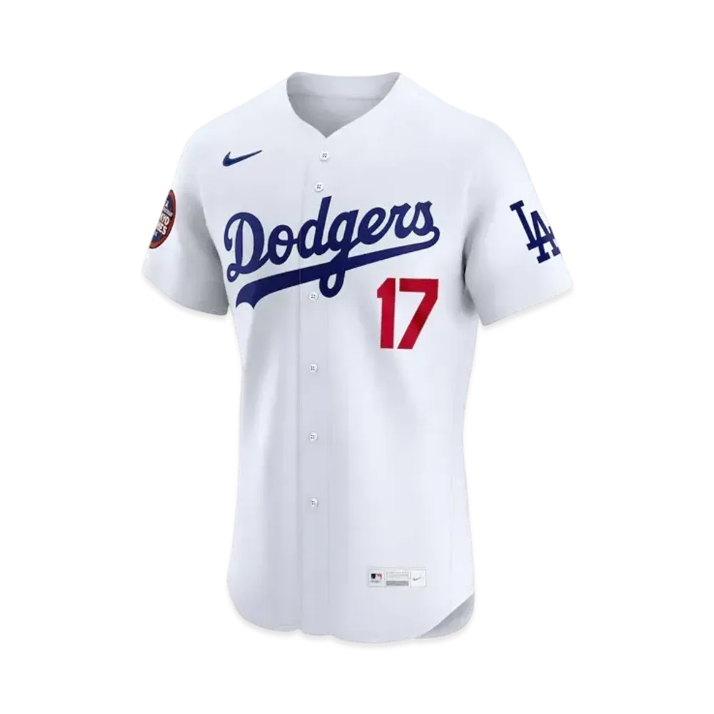MLB Nike Dodgers Shohei Otani Uniform Elite Jersey Home MLB Tokyo Series Opening Game Sleeve Patch Included "White"