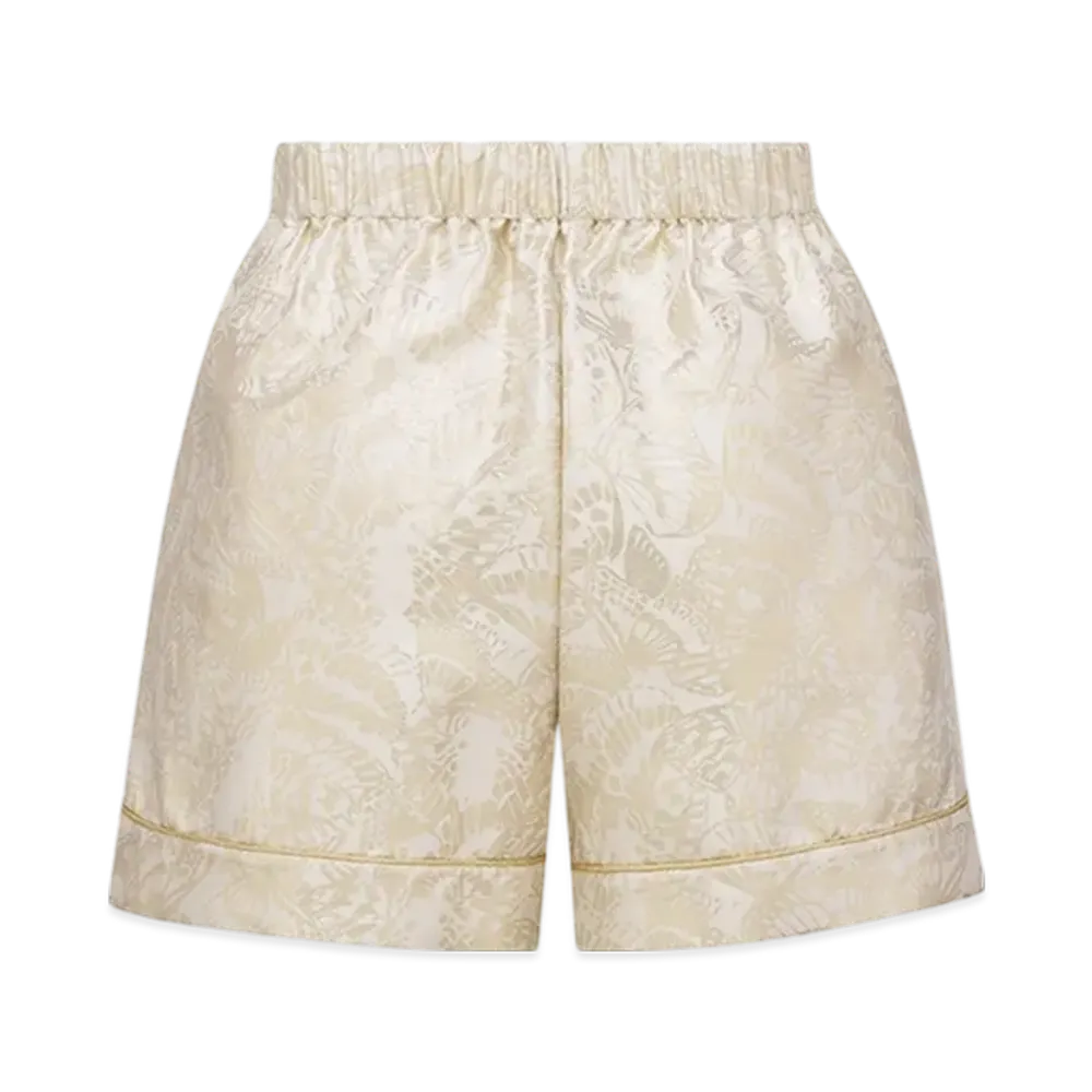Dior Women's Shorts Silk Twill Gold Tone Allover Butterfly Motif "White/Gold"