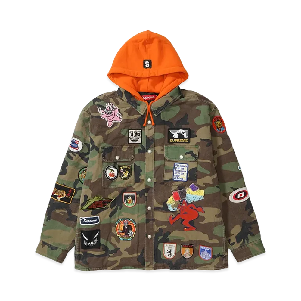 Supreme Patches Hooded Zip Up Shirt "Woodland Camo"