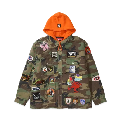 Supreme Patches Hooded Zip Up Shirt "Woodland Camo"