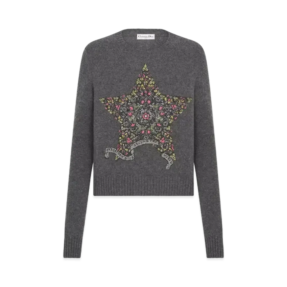 Dior Embroidered Sweater Cashmere Knit with Multicolor Dior Around the World Motif "Gray"