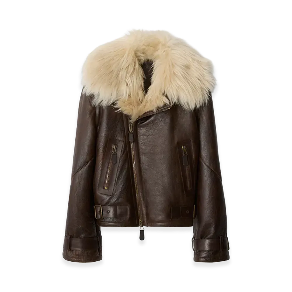 Burberry Women's Cropped Shearling Aviator Jacket "Dark Brown"
