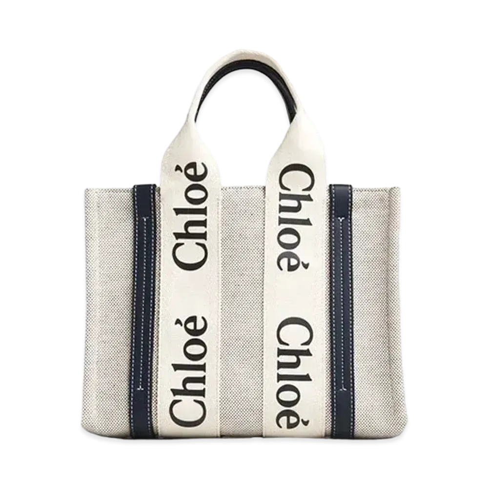 Chloe Small Woody Tote Bag In Cotton Canvas & Shiny Calfskin With Woody Ribbon "Black"