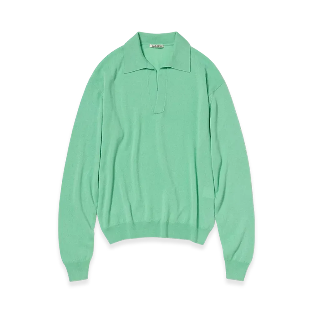 AURALEE Women's Super Fine Cashmere Silk Knit Skipper Polo "Mint Green"