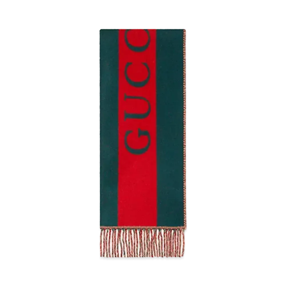 GUCCI Web Jacquard Wool Scarf "Green/Red/Beige"