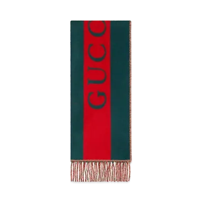 GUCCI Web Jacquard Wool Scarf "Green/Red/Beige"