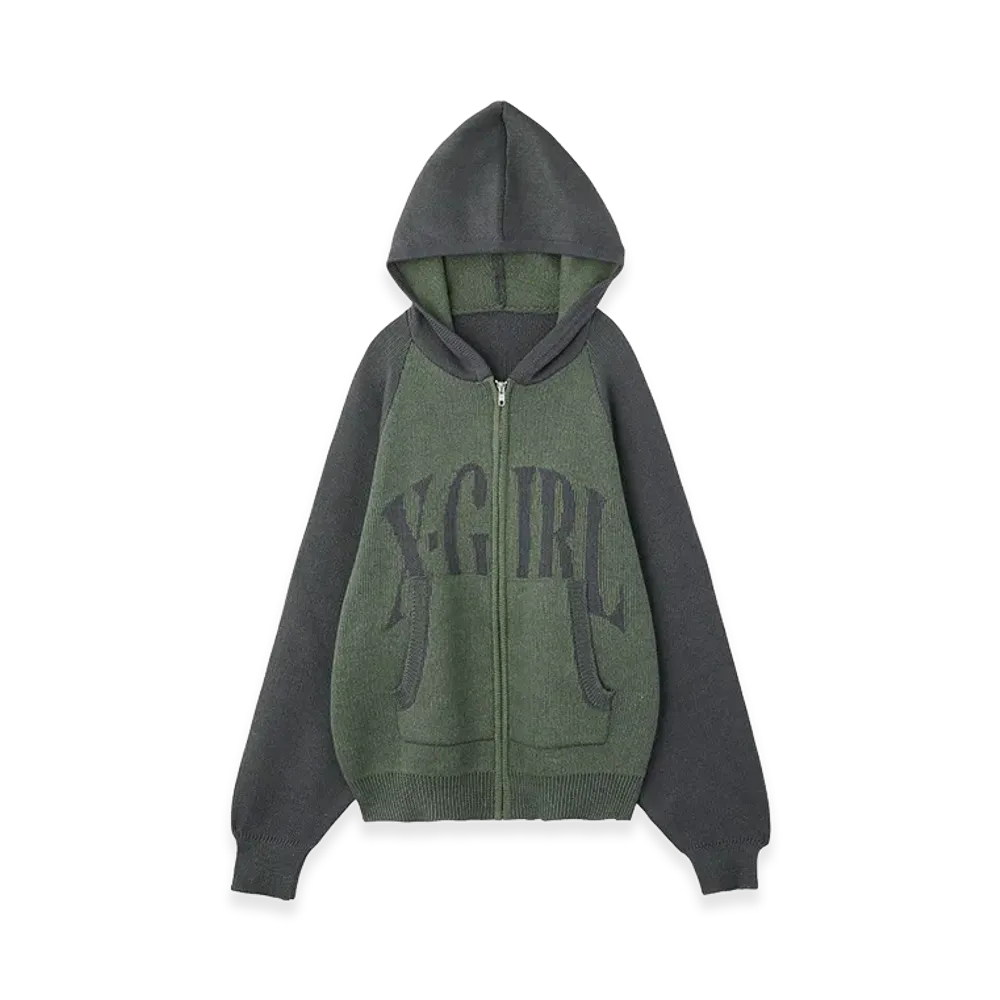 X-Girl Women's Logo Jacquard Zip Up Knit Hoodie "Olive"