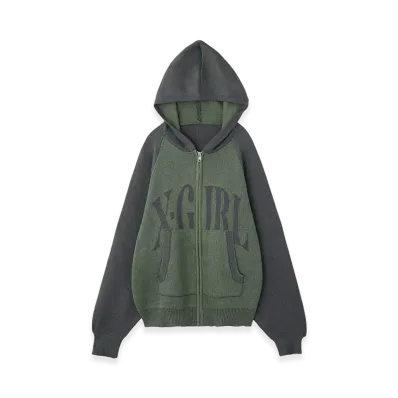 X-Girl Women's Logo Jacquard Zip Up Knit Hoodie "Olive"
