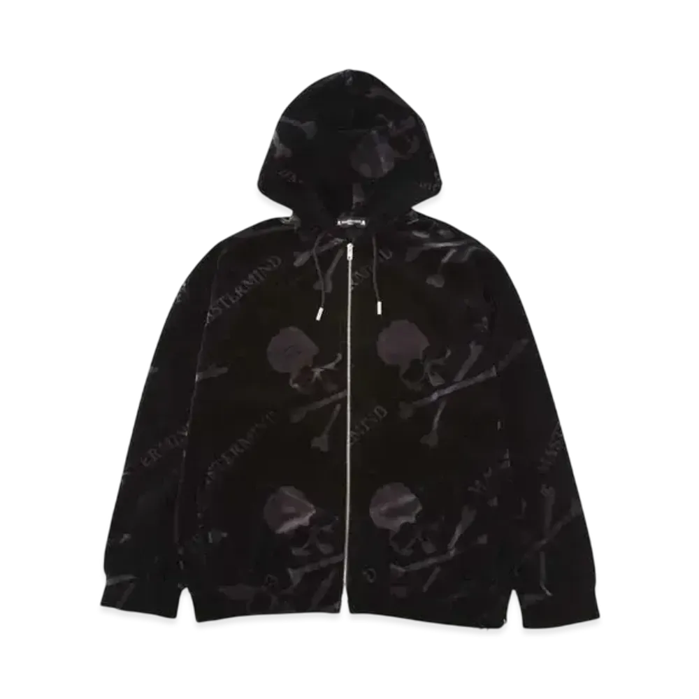 mastermind WORLD Boxy Velour All-Over Zip Up Hoodie "Black Charcoal"