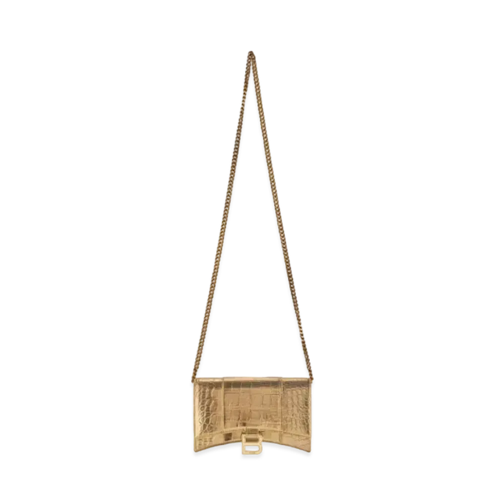 BALENCIAGA Hourglass Wallet With Chain In Metallized Crocodile Embossed Calfskin "Gold"