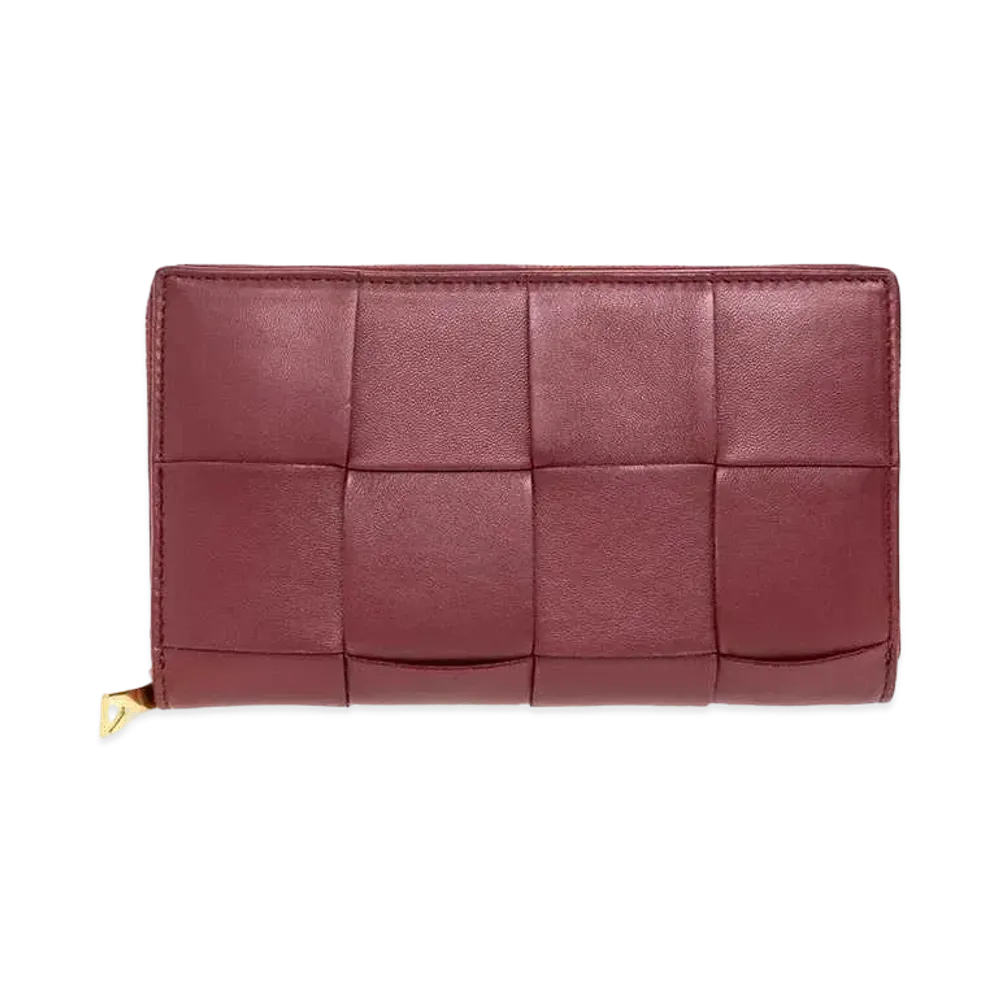 Bottega Veneta Casette Maxi Intrecciato Lambskin Calfskin Bi-fold Zip Around Wallet "Bordeaux"