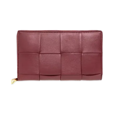 Bottega Veneta Casette Maxi Intrecciato Lambskin Calfskin Bi-fold Zip Around Wallet "Bordeaux"