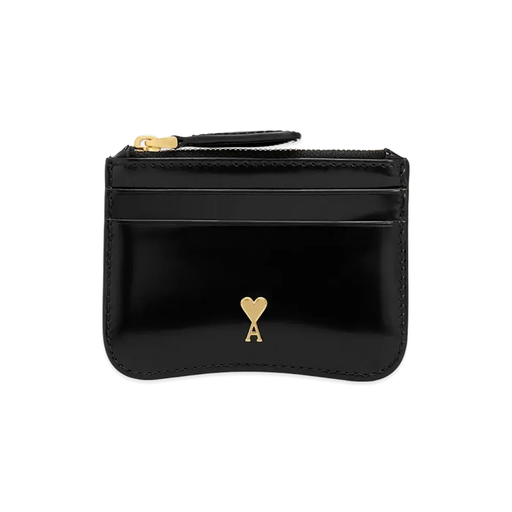 AMI PARIS Glazed Leather Paris Paris Zipped Card Holder "Black"