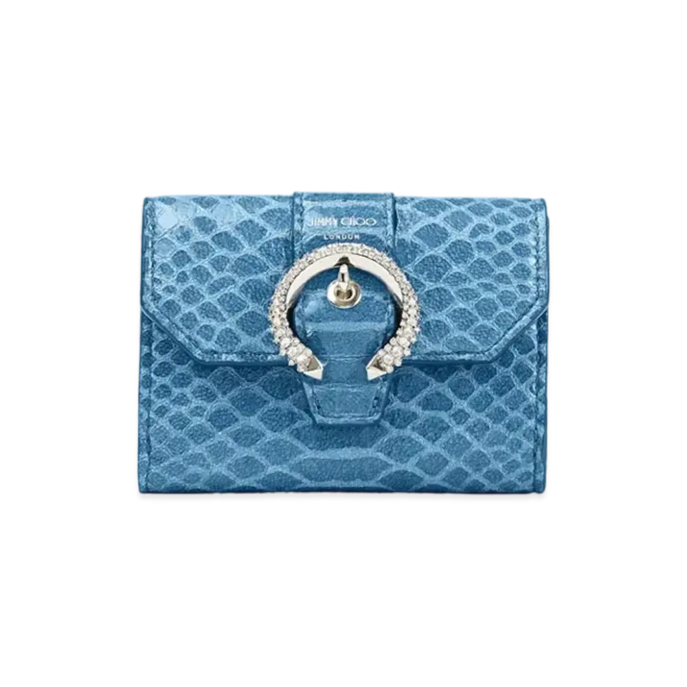 Jimmy Choo Odile Gel Snake Printed Leather Wallet With Crystal Buckle "Butterfly Blue"