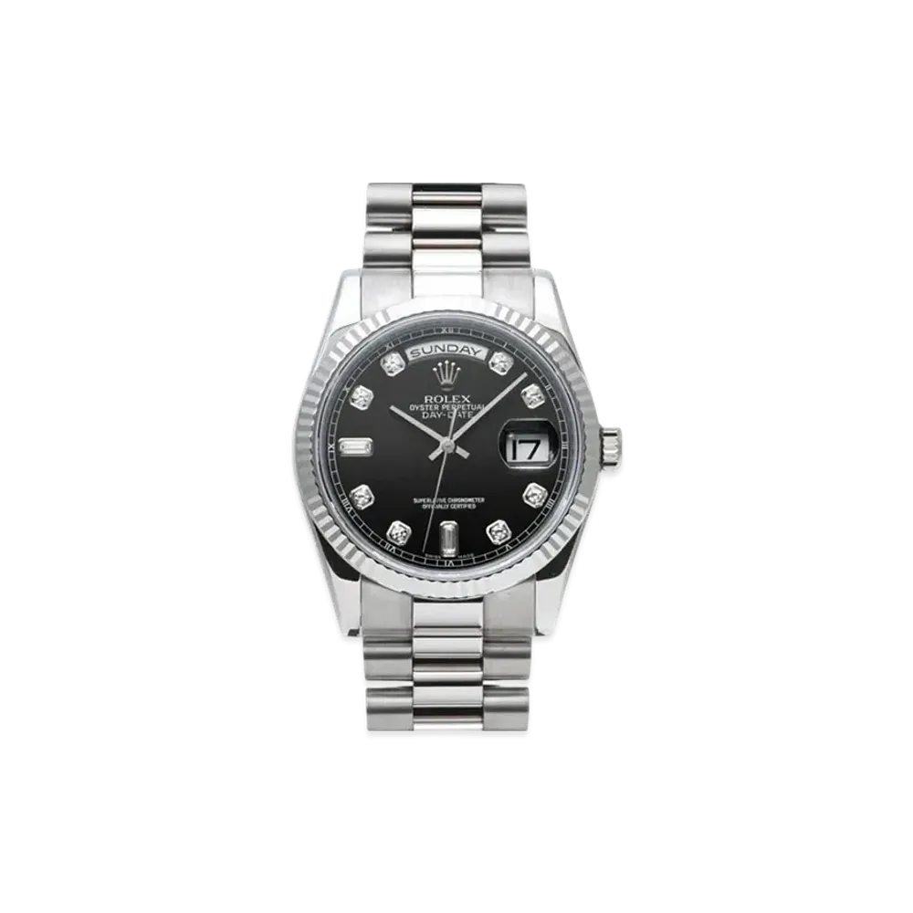 ROLEX Day-Date 8P Round 2P Baguette Diamonds "Black/White Gold"