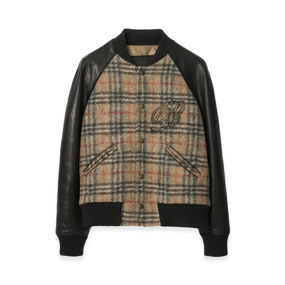 Burberry Check Wool & Leather Bomber Jacket "Sand Beige"