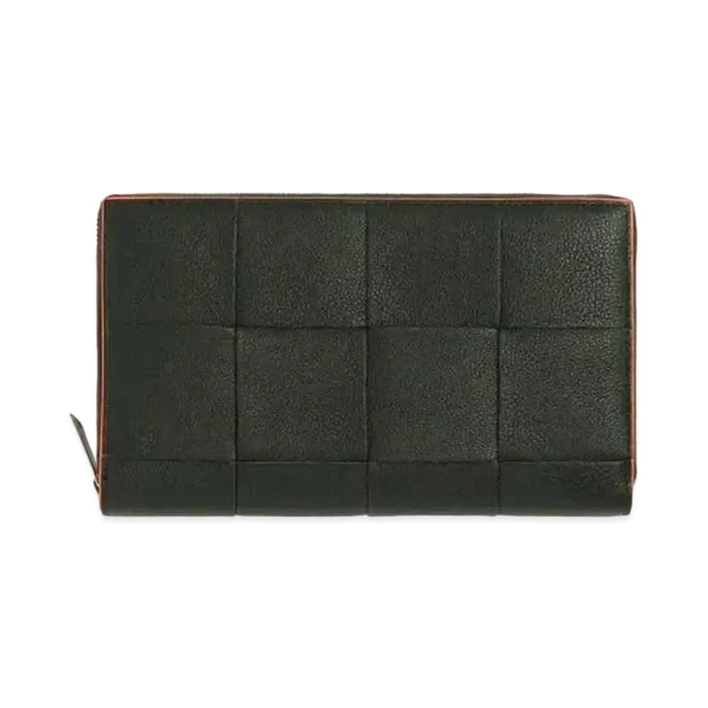 Bottega Veneta Casette Maxi Intrecciato Calfskin Bi-fold Zip Around Wallet "Dark Green/Orange"