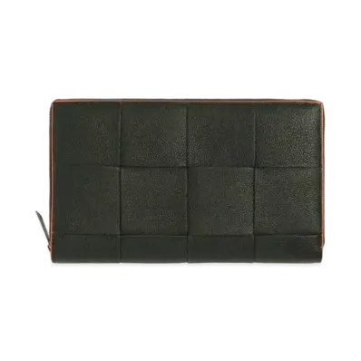 Bottega Veneta Casette Maxi Intrecciato Calfskin Bi-fold Zip Around Wallet "Dark Green/Orange"