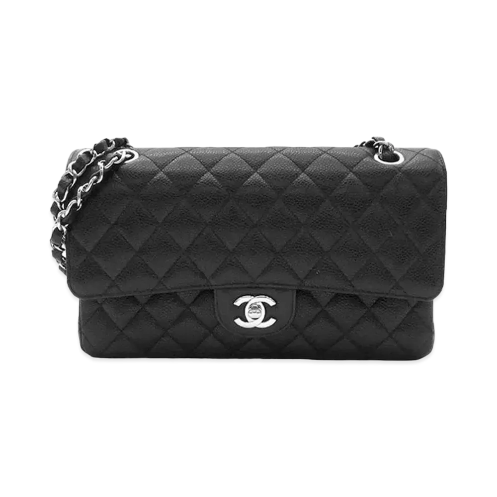 CHANEL Matelasse Classic Double Flap Caviarskin "Black/Silver"