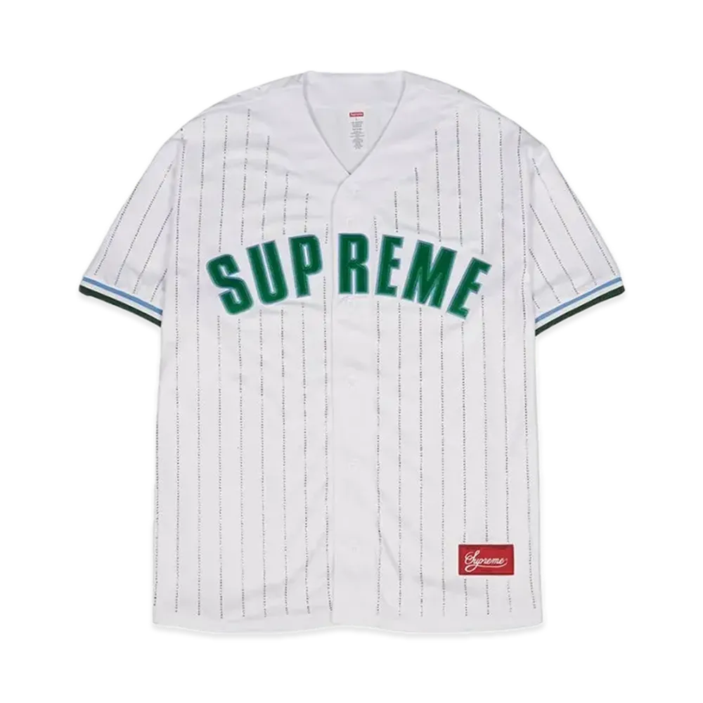 Supreme Rhinestone Stripe Baseball Jersey "White"