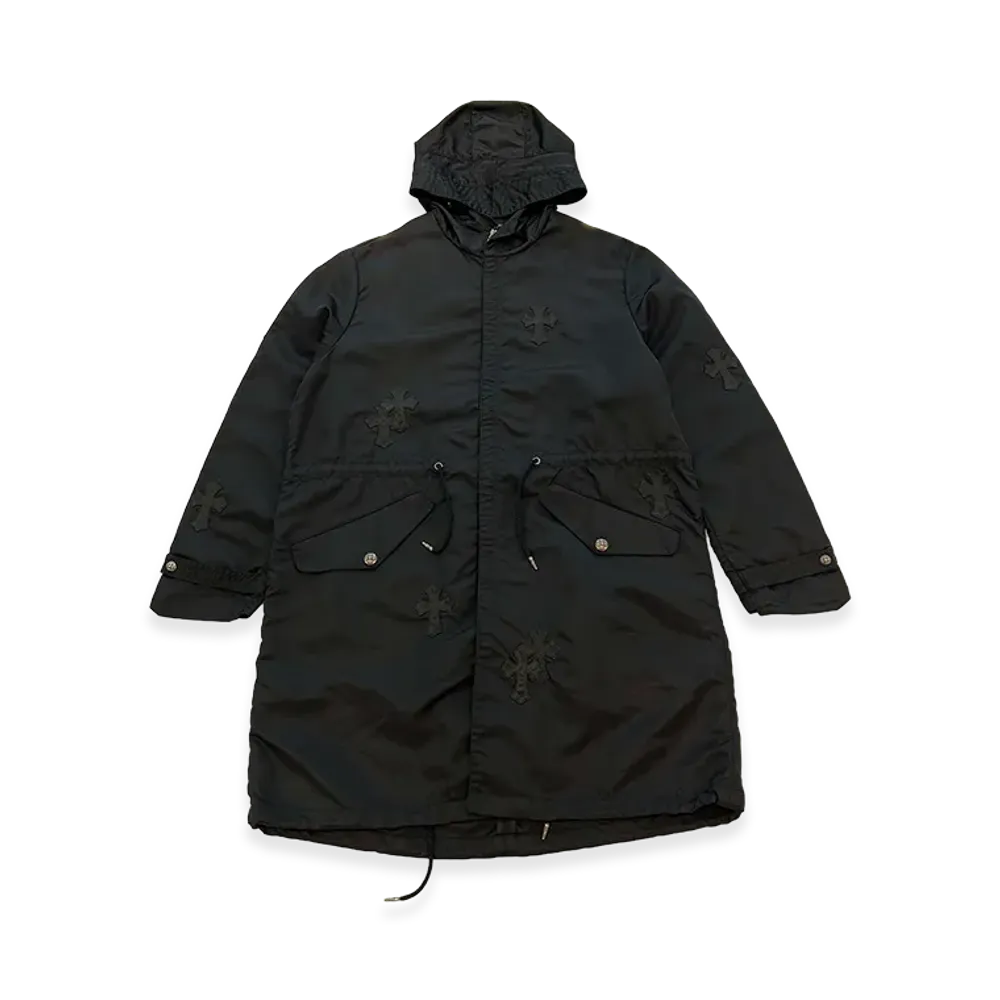 Chrome Hearts Y Not Puddles Cemetery Cross Leather Patch Nylon Zip Up Hooded Coat "Black"