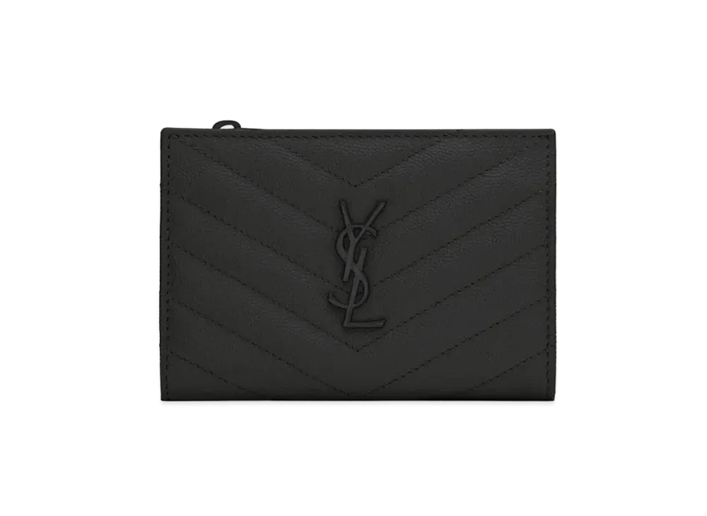 SAINT LAURENT Monogram Zippered Two-Part Wallet In Quilted Grained Leather "Black"